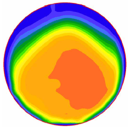 Figure 34. Image. Example velocity profile 45 millimeters (1.77 inches) from the outlet. For one of the miniculvert experiments, this is one in a series of eleven computer images in appendix A showing velocity profiles at 5 millimeter increments between 0 and 50 millimeters along the outflow pipe. Each image shows a spectrum of colors with blue indicating low velocity and orange and red indicating higher velocities. The low velocities are generally near the upper edge of the pipe and the higher velocities generally near the center of the pipe. In this particular image, the red-orange area of higher velocities extends from the center of the pipe to much of the lower right quadrant.