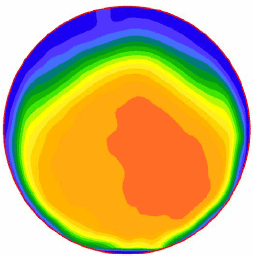 Figure 35. Image. Example velocity profile 50 millimeters (1.97 inches) from the outlet. For one of the miniculvert experiments, this is one in a series of eleven computer images in appendix A showing velocity profiles at 5 millimeter increments between 0 and 50 millimeters along the outflow pipe. Each image shows a spectrum of colors with blue indicating low velocity and orange and red indicating higher velocities. The low velocities are generally near the upper edge of the pipe and the higher velocities generally near the center of the pipe. In this particular image, the red-orange area of higher velocities extends from the center of the pipe to much of the lower right quadrant.