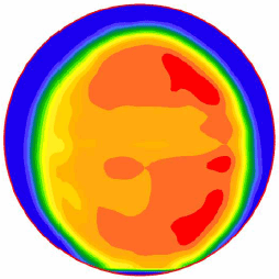 Figure 36. Image. Velocity profile at the outlet for Q divided by A subscript o equals 42 centimeters per second (16 inches per second). This is one in a series of images in appendix B showing velocity profiles from miniculvert experiments. The images have a spectrum of colors with blue indicating the lowest velocity, red the highest, and cyan, green, yellow, and orange spanning the moderate velocities in between. This particular image is the first of four for the flow rate of 42 centimeters per second. The image shows three small red areas of highest velocity in a crescent shape along the right center of the pipe. A red-orange area of next highest velocities surrounds the red areas.