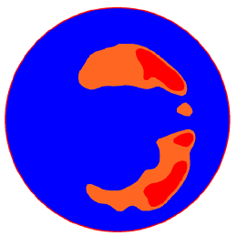 Figure 38. Image. Area where V is greater than 0.90 V subscript max at the outlet for Q divided A subscript o equals 42 centimeters per second (16 inches per second). This is one in a series of images in appendix B showing velocity profiles from miniculvert experiments. The images have a spectrum of colors with blue indicating the lowest velocity, red the highest, and cyan, green, yellow, and orange spanning the moderate velocities in between.  This particular image shows a subset of the velocity profile from figure 36, limiting the display to velocities greater than 0.90 times the maximum velocity. The red area of highest velocity is identical to that of figure 36, but the red-orange areas of next highest velocities are smaller because a smaller range of velocities is displayed.