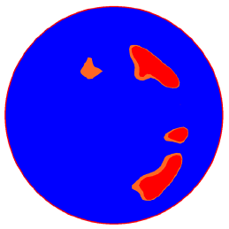 Figure 39. Image. Area where V is greater than 0.925 V subscript max at the outlet for Q divided by A subscript o equals 42 centimeters per second (16 inches per second). This is one in a series of images in appendix B showing velocity profiles from miniculvert experiments. The images have a spectrum of colors with blue indicating the lowest velocity, red the highest, and cyan, green, yellow, and orange spanning the moderate velocities in between. This particular image shows a subset of the velocity profile from figure 36, limiting the display to velocities greater than 0.925 times the maximum velocity. The red area of highest velocity is identical to that of figure 36, but the red-orange area of next highest velocities is smaller because a smaller range of velocities is displayed.