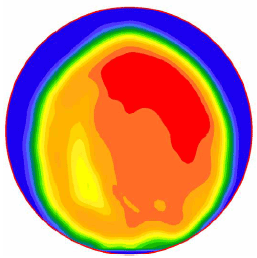 Figure 40. Image. Velocity profile 5 millimeters (0.19 inch) from the outlet for Q divided by A subscript o equals 57 centimeters per second. This is one in a series of images in appendix B showing velocity profiles from miniculvert experiments. The images have a spectrum of colors with blue indicating the lowest velocity, red the highest, and cyan, green, yellow, and orange spanning the moderate velocities in between. This particular image is the first of four for the flow rate of 57 centimeters per second. This image shows a single medium-sized red area of highest velocity in the upper right part of the pipe's center region, a red-orange area of next highest velocities on the right side of the pipe's center, and a yellow area of moderate velocities toward the lower left.