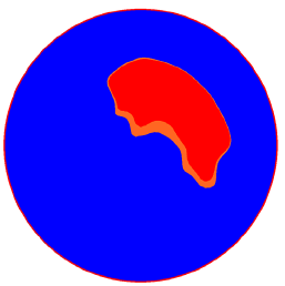 Figure 43. Image. Area where V is greater than 0.925 V subscript max 5 millimeters (0.19 inch) from the outlet for Q divided by A subscript o equals 57 centimeters per second (22 inches per second). This is one in a series of images in appendix B showing velocity profiles from miniculvert experiments. The images have a spectrum of colors with blue indicating the lowest velocity, red the highest, and cyan, green, yellow, and orange spanning the moderate velocities in between. This particular image shows a subset of the velocity profile from figure 40, limiting the display to velocities greater than 0.925 times the maximum velocity. The red area of highest velocity is identical to that of figure 40, but the red-orange area of next highest velocities is smaller because a smaller range of velocities is displayed.