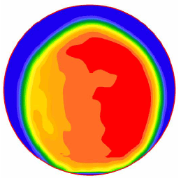 Figure 44. Image. Velocity profile 5 millimeters (0.19 inch) from the outlet for Q divided by A subscript o equals 69 centimeters per second (27 inches per second). This is one in a series of images in appendix B showing velocity profiles from miniculvert experiments. The images have a spectrum of colors with blue indicating the lowest velocity, red the highest, and cyan, green, yellow, and orange spanning the moderate velocities in between. This particular image is the first of four for the flow rate of 69 centimeters per second. The image shows a red area of highest velocity occupying most of the right half of the pipe's center region. An area of red-orange for the next highest velocities extends over the pipe's center into the left half of the pipe's center region.