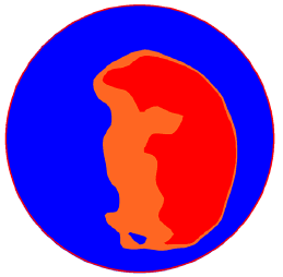 Figure 46. Image. Area where V is greater than 0.90 V subscript max at the outlet for Q divided by A subscript o equals 69 centimeters per second (27 inches per second). This is one in a series of images in appendix B showing velocity profiles from miniculvert experiments. The images have a spectrum of colors with blue indicating the lowest velocity, red the highest, and cyan, green, yellow, and orange spanning the moderate velocities in between. This particular image shows a subset of the velocity profile from figure 44, limiting the display to velocities greater than 0.90 times the maximum velocity. The red area of highest velocity is identical to that of figure 44, but the red-orange area of next highest velocities is smaller because a smaller range of velocities is displayed.