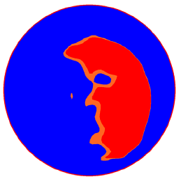 Figure 47. Image. Area where V is greater than 0.925 V subscript max at the outlet for Q divided by A subscript o equals 69 centimeters per second (27 inches per second). This is one in a series of images in appendix B showing velocity profiles from miniculvert experiments. The images have a spectrum of colors with blue indicating the lowest velocity, red the highest, and cyan, green, yellow, and orange spanning the moderate velocities in between. This particular image shows a subset of the velocity profile from figure 44, limiting the display to velocities greater than 0.925 times the maximum velocity. The red area of highest velocity is identical to that of figure 44, but the red-orange area of next highest velocities is smaller because a smaller range of velocities is displayed.