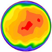 Figure 48. Image. Velocity profile 5 millimeters (0.19 inch) from the outlet for Q divided by A subscript o equals 43 centimeters per second (17 inches per second). This is one in a series of images in appendix C showing velocity profiles in the outlet pipe from access hole experiments. The images have a spectrum of colors with blue indicating the lowest velocity, red the highest, and cyan, green, yellow, and orange spanning the moderate velocities in between. This particular image is the first of four for the flow rate of 43 centimeters per second. This image shows a small red area of highest velocity at the pipe's center and another, smaller red area to the upper right. The two red areas are surrounded by a single red-orange area of next highest velocities.