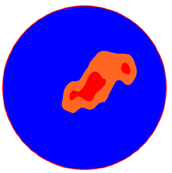 Figure 50. Image. Area where V is greater than 0.90 V subscript max 5 millimeters (0.19 inch) from the outlet for Q divided by A subscript o equals 43 centimeters per second (17 inches per second). This is one in a series of images in appendix C showing velocity profiles in the outlet pipe from access hole experiments. The images have a spectrum of colors with blue indicating the lowest velocity, red the highest, and cyan, green, yellow, and orange spanning the moderate velocities in between. This image shows a subset of the velocity profile from figure 48, limiting the display to velocities greater than 0.90 times the maximum velocity. The red areas of highest velocity are identical to those of figure 48, but the red-orange area of next highest velocities is smaller because a smaller range of velocities is displayed.