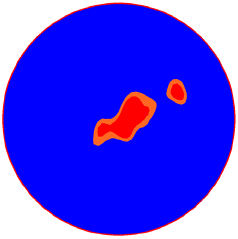 Figure 51. Image. Area where V is greater than 0.925 V  subscript max 5 millimeters (0.19 inch) from the outlet for Q divided by A subscript o equals 43 centimeters per second (17 inches per second). This is one in a series of images in appendix C showing velocity profiles in the outlet pipe from access hole experiments. The images have a spectrum of colors with blue indicating the lowest velocity, red the highest, and cyan, green, yellow, and orange spanning the moderate velocities in between. This image shows a subset of the velocity profile from figure 48, limiting the display to velocities greater than 0.925 times the maximum velocity. The red areas of highest velocity are identical to those of figure 48, but the red-orange area of next highest velocities has been reduced to two areas barely surrounding the two red areas.