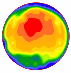 Figure 52. Image. Velocity profile at the outlet for Q divided by A subscript o equals 57 centimeters per second (22 inches per second). This is one in a series of images in appendix C showing velocity profiles in the outlet pipe from access hole experiments. The images have a spectrum of colors with blue indicating the lowest velocity, red the highest, and cyan, green, yellow, and orange spanning the moderate velocities in between. This particular image is the first of four for the flow rate of 57 centimeters per second.  The image shows a single moderate sized and circular shaped red area of highest velocity just above the pipe's center point.