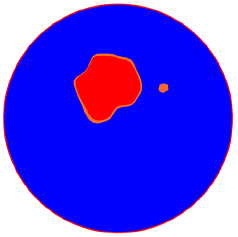 Figure 55. Image. Area where V is greater than 0.925 V subscript max at the outlet for Q divided by A subscript o equals 57 centimeters per second (22 inches per second). This is one in a series of images in appendix C showing velocity profiles in the outlet pipe from access hole experiments. The images have a spectrum of colors with blue indicating the lowest velocity, red the highest, and cyan, green, yellow, and orange spanning the moderate velocities in between. This image shows a subset of the velocity profile from figure 52, limiting the display to velocities greater than 0.925 times the maximum velocity. The red area of highest velocity is identical to that of figure 52, but the red-orange area of next highest velocities has been reduced to two areas, one barely surrounding the red area and the other off to the right.