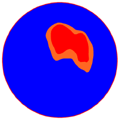 Figure 58. Image. Area where V is greater than 0.90 V subscript max at the outlet for Q divided by A subscript o equals 64 centimeters per second (25 inches per second). This is one in a series of images in appendix C showing velocity profiles in the outlet pipe from access hole experiments. The images have a spectrum of colors with blue indicating the lowest velocity, red the highest, and cyan, green, yellow, and orange spanning the moderate velocities in between. This image shows a subset of the velocity profile from figure 56, limiting the display to velocities greater than 0.90 times the maximum velocity. The red area of highest velocity is identical to that of figure 56, but the red-orange area of next highest velocities is smaller because a smaller range of velocities is displayed.