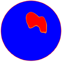 Figure 59. Image. Area where V is greater than 0.925 V subscript max at the outlet for Q divided by A subscript o equals 64 centimeters per second (25 inches per second). This is one in a series of images in appendix C showing velocity profiles in the outlet pipe from access hole experiments. The images have a spectrum of colors with blue indicating the lowest velocity, red the highest, and cyan, green, yellow, and orange spanning the moderate velocities in between. This image shows a subset of the velocity profile from figure 56, limiting the display to velocities greater than 0.925 times the maximum velocity. The red area of highest velocity is identical to that of figure 56, but the red-orange area of next highest velocities is smaller because a smaller range of velocities is displayed.