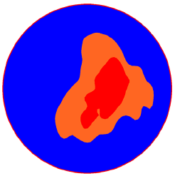 Figure 61. Image. Area where V is greater than 0.867 V subscript max at the outlet for Q divided by A subscript o equals 75 centimeters per second (30 inches per second). This is one in a series of images in appendix C showing velocity profiles in the outlet pipe from access hole experiments. The images have a spectrum of colors with blue indicating the lowest velocity, red the highest, and cyan, green, yellow, and orange spanning the moderate velocities in between. This image shows a subset of the velocity profile from figure 60, limiting the display to velocities greater than 0.867 times the maximum velocity. The red areas of highest velocity and the red-orange area of next highest velocities are identical to those of figure 60.