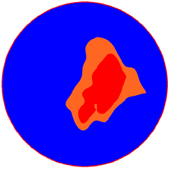 Figure 62. Image. Area where V is greater than 0.90 V subscript max at the outlet for Q divided by A subscript o equals 75 centimeters per second (30 inches per second). This is one in a series of images in appendix C showing velocity profiles in the outlet pipe from access hole experiments. The images have a spectrum of colors with blue indicating the lowest velocity, red the highest, and cyan, green, yellow, and orange spanning the moderate velocities in between. This image shows a subset of the velocity profile from figure 60, limiting the display to velocities greater than 0.90 times the maximum velocity. The red area of highest velocity is identical to that of figure 60, but the red-orange area of next highest velocities is smaller because a smaller range of velocities is displayed.