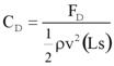 Figure 5. Equation. Drag coefficient. This equation has two cases. The first case is for when h (star) is greater than 1. C sub D equals F sub D divided by the product of one-half times rho times v squared times L times s, end of product.