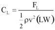 Figure 6. Equation. Lift coefficient. C sub L equals F sub L divided by the product of one-half times rho times v squared times L times W, end of product.