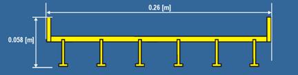 Figure 8. Diagram. Dimensions of the six-girder bridge deck. A bridge deck with six thin, I-shaped, evenly spaced girders is shown in a cross section. The bridge deck is 0.058 m high and 0.26 m wide. The road surface is slightly above the midpoint of the height, and two railings, one on each side, make up the rest of the height.