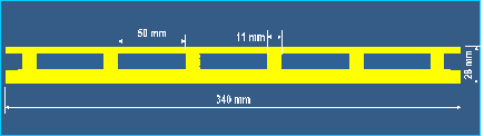 Figure 11. Diagram. Side view of railings with dimensions for the six-girder and three-girder bridge decks. The railing is shown from a side elevation view. The railing has a thick, solid bar at the bottom where it attaches to the side of the bridge decking. A thin, horizontal railing bar is connected to the bottom bar with posts of approximately the same height as the bridge deck thickness. The posts are 11 mm wide with a 50 mm gap between posts.