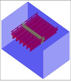 Figure 15. Image. Segment of bridge used for 3-D model. A 3-D view of the six-girder bridge is shown with the bridge tinted magenta on a blue background. A thin band of yellow wraps around the cross section of the bridge. The band starts at the midpoint of one of the railing posts and stops at the midpoint at the adjacent gap between railings.