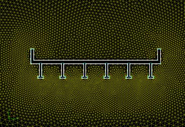 Figure 21. Diagram. Fluent® unstructured mesh in the vicinity of the bridge. This diagram shows a cross section of the six-girder bridge as a white outline on a black background. The simulation mesh used in the Fluent® model is shown around the bridge. The mesh is made up of triangles, which get much smaller in the vicinity of the bridge. The triangles are smallest near the bottom of the girders and near the bridge railings. Far away from the bridge, the sides of the triangles are roughly the same length as the roadway thickness.