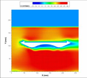 Figure 27. Image. PIV velocity profile for the streamlined bridge. The streamlined bridge is shown in a cross section in a color velocity profile with the same color scheme as in figure 25, but there are some differences in the velocity contours. While the red and orange high velocity zones around the bridge seem mostly the same as in figure 26, the zone near the bridge shows differences. The top side of the bridge has a uniform, thin blue layer and no zones of blue at the top leading and trailing edge. The transition to red and orange is much faster above the bridge. Below the bridge, the central area between the two lobes is a large blue zone, and a substantial green swath extends below the low point of the two lobes. The green and blue zone downstream of the bridge is also wider than in figure 26.