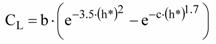 Figure 38. Equation. Lift coefficient fitting equation for three- and six-girder bridges. C subscript L equals the product b times the difference of base e raised to the product of negative 3.5 times h (star) squared minus base e raised to the product of negative c times h (star) raised to the 1.7 power.