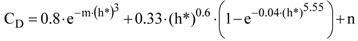 Figure 40. Equation. Drag coefficient fitting equation for the streamlined bridge. C subscript D equals the sum of the product 0.8 times base e raised to the negative m times h (star) cubed, that product plus the product of 0.33 times star raised to the 0.6 power times the difference 1 minus base e raised to the product of negative 0.04 times h (star) raised to the 5.55 power, that product plus n.