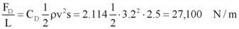 Figure 43. Equation. Total drag force per unit length on the example six-girder bridge for the 1,000-year flood. F sub D divided by L equals the product C subscript D times one-half times rho times v squared times s equals the product of 2.114 times one-half times 1,000 times 3.2 squared times 2.5, which equals 27.1 kilonewtons per meter.