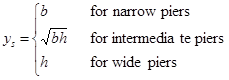 Figure 6. Equation. Melville-Chiew equation. y subscript s equals b for narrow piers, the square root of b times h for intermediate piers, and h for wide piers.