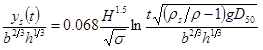 Figure 8. Equation. Oliveto and Hager time-based scour. y subscript s as a function of t divided by b raised to the power of two-thirds times h raised to the power of one-third equals 0.068 times H raised to the power of 1.5 divided by the square root of sigma times the natural log of t times the square root of open parenthesis rho subscript s divided by rho minus 1 close parenthesis times g times D subscript 50 divided by b raised to the power of two-thirds times h raised to the power of one-third.