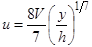 Figure 29. Equation. 1/7th power law. u equals 8 times V divided by 7 times open parenthesis y divided by h close parenthesis raised to the power of one-seventh.