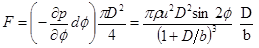 Figure 37. Equation. Hydrodynamic force. F equals open parenthesis negative partial differential of p with respect to phi times the differential of phi close parenthesis times pi times D squared divided by 4 equals pi times rho times u squared times D squared times sine times 2 times phi divided by open parenthesis 1 plus D divided by b close parenthesis raised to the power of 3 times D divided by b.