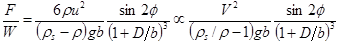 Figure 38. Equation. Scour potential. F divided by W equals 6 times rho times u squared divided by open parenthesis rho subscript s minus rho close parenthesis times g times b times sine times 2 times phi divided by open parenthesis 1 plus D divided by b close parenthesis raised to the power of 3 is proportional to V squared divided by open parenthesis rho subscript s divided by rho minus 1 close parenthesis times g times b times sine times 2 times phi divided by open parenthesis 1 plus D divided by b close parenthesis raised to the power of 3.