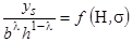 Figure 39. Equation. Scour depth scale relation. y subscript s divided by b superscript lambda times h superscript 1 minus lambda equals a function of open parenthesis H, sigma close parenthesis.