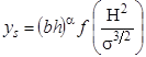 Figure 44. Equation. Scour depth with scaling parameter. y subscript s equals open parenthesis b times h close parenthesis superscript alpha times a function of open parenthesis H squared divided by sigma raised to the power of 3 divided by 2 close parenthesis.