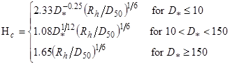 Figure 48. Equation. Critical particle Hager number. H subscript c equals 2.33 times D subscript asterisk raised to the power of -0.25 times open parenthesis R subscript h divided by D subscript 50 close parenthesis raised to the power of one-sixth for D subscript asterisk less than or equal to 10. H subscript c equals 1.08 times D subscript asterisk raised to the power of one-twelfth times open parenthesis R subscript h divided by D subscript 50 close parenthesis raised to the power of one-sixth for D subscript asterisk greater than 10 and less than 150. H subscript c equals 1.65 times open parenthesis R subscript h divided by D subscript 50 close parenthesis raised to the power of one-sixth for D subscript asterisk greater than or equal to 150.