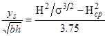 Figure 49. Equation. Approximation for weak scour. y subscript s divided by the square root of b times h equals H squared divided by sigma raised to the power of 3 divided by 2 minus H subscript cp squared divided by 3.75.