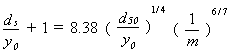 Equation 2. The quotient of local scour depth divided by initial uniform-flow depth plus 1 equals 8.38 multiplied by the following two terms. The first term is the quotient that results from dividing the median sediment grain size by the initial uniform-flow depth. This quotient is then raised to the power of one-fourth. The second term is the quotient of 1 divided by the geometric contraction ratio given by the ratio of the contracted width to the full channel length. This quotient is then raised to the power of six-sevenths.