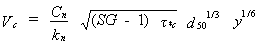 Equation 23. The critical velocity at the abutment face equals the product of four terms. The first term is the quotient that results from C subscript N, which is a units conversion factor, divided by the constant in Strickler-type relationship for Manning's N. The second term is the specific gravity of sediment minus one, which is then multiplied by the critical value of Shields' parameter, and then square rooted. The third term is the median grain diameter to the power of one-third, and the fourth is the depth of uniform flow to the power of one-sixth. 