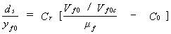 Equation 28. The local scour depth divided by the depth in the approach floodplain equals the best fit coefficient in the proposed scour formula multiplied by the result of the following quotient, from which the best fit constant in proposed scour formula has been subtracted. The numerator is the quotient that results from dividing the average unconstricted velocity by the critical velocity in the approach section. The denominator is the generalized unit discharge contraction ratio.