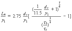 Equation 3. The abutment length divided by the approach flow depth equals 2.75 multiplied by the following two terms. The first term is the quotient that results from dividing the local scour depth by the approach flow depth. The second term results from the following division of terms minus 1. The numerator consists of the quotient of 1 divided by 11.5, which is then multiplied by the quotient of maximum scour depth divided by the approach flow depth. One is then added to this result. The sum is then raised to the power of seven-sixths. The denominator is the quotient of the bed shear stress in approach flow divided by the critical shear stress for initiation of sediment motion. This result is then raised to the power of one-half.