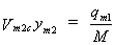 Equation 31. The critical velocity in the main channel at the contracted section at equilibrium multiplied by the depth of flow in the contracted section in the main channel for equilibrium scour equals the quotient that results from dividing the flowrate per unit width in the approach main channel section at the beginning of scour by the discharge contraction ratio.