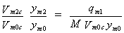 Equation 32. The quotient that results from dividing the critical velocity in the main channel at the contracted section at equilibrium scour by the critical velocity for the unconstricted depth in the main channel is then multiplied by the quotient that results from dividing the depth of flow in the contracted section in the main channel for equilibrium scour by the normal depth in the main channel. The resulting product is equal to the quotient, which has a numerator consisting of the discharge in the approach main channel and a denominator consisting of the product of the discharge contraction ratio in the approach section multiplied by the critical velocity in the main channel for the unconstricted flow depth in the main channel multiplied by the normal depth in the main channel.