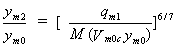 Equation 33. The depth of flow in main channel in contracted section at equilibrium scour divided by the normal depth in the main channel equals the following quotient raised to the power of six-sevenths. The numerator is the discharge in the approach main channel. The denominator consists of multiplying the critical velocity for the unconstricted depth in the main channel by the normal depth in the main channel, then multiplying the resulting product by the discharge contraction ratio in the approach section.