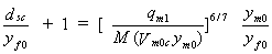 Equation 34. One plus the quotient that results from dividing the theoretical long contraction scour depth by the normal depth in the floodplain equals the product of the following two quotients. The first quotient has as its numerator the discharge in the approach main channel. Its denominator consists of multiplying the critical velocity for the unconstricted depth in the main channel by the normal depth in the main channel, then multiplying the resulting product by the discharge contraction ratio in the approach section. This quotient is then raised to the power of six-sevenths. The second quotient results from dividing the normal depth in the main channel by the normal depth in the floodplain.