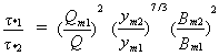 Equation 48. Shields' parameter in approach flow section divided by Shields' parameter in contracted flow section equals the product of the following three terms. The first term consists of dividing the discharge in the approach main channel by the total discharge in the compound channel. This quotient is then squared. The second term consists of dividing the depth of flow in main channel in contracted section at equilibrium scour by the bridge approach depth in main channel of compound channel including backwater. This quotient is then raised to the power of seven-thirds. The third term consist of dividing the width of main channel in contracted section by the width of approach main channel. This quotient is then squared.