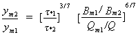 Equation 49. The depth of flow in main channel in contracted section at equilibrium scour divided by the bridge approach depth in main channel of compound channel including backwater equals the product that results from multiplying the following two terms. The first term consists of dividing Shields' parameter in approach flow section by Shields' parameter in contracted flow section. This quotient is then raised to the power of three-sevenths. The second term results from raising the following quotient to the power of six-sevenths. The numerator is the quotient that results from dividing the width of the approach main channel by the width of the main channel in contracted section. The denominator is the quotient that results from dividing the discharge in the approach main channel by the total discharge in the compound channel.