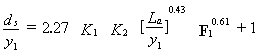 Equation 5. Local scour depth divided by the approach flow depth equals the product of the following five terms, the result of which has a factor safety of 1 added to it. The first term is 2.27. The second term is the geometric shape factor for abutment and embankment. The third term is the embankment skewness factor. The fourth term is the quotient of the abutment length divided by the approach flow depth, then raised to the power of 0.43. The fifth term is the approach flow Froude number raised to the power of 0.61.