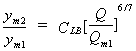 Equation 50. The depth of flow in main channel in contracted section at equilibrium scour divided by the bridge approach depth in main channel of compound channel including backwater equals the product of that results from multiplying the following two terms. The first term is the live-bed scour coefficient. The second term consists of dividing the total discharge in the compound channel by the discharge in the approach main channel, then raising this quotient to the power of six-sevenths.